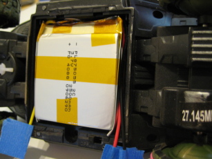 Photo of testing the fit of the assembled Lithium Polymer battery pack.
