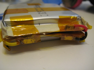 Detail photo of the battery-to-wire connections on Lithium Polymer battery pack.