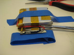 Photo of the Lithium Polymer pack while attaching protection circuit.