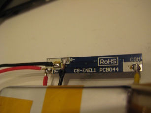 Photo of the protection circuit after being attached to the Lithium Polymer pack.