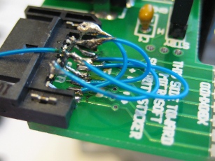 Photo of rewired SATA connector from the side