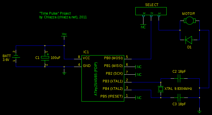Schematic diagram showing circuit that contains microcontroller and motor.