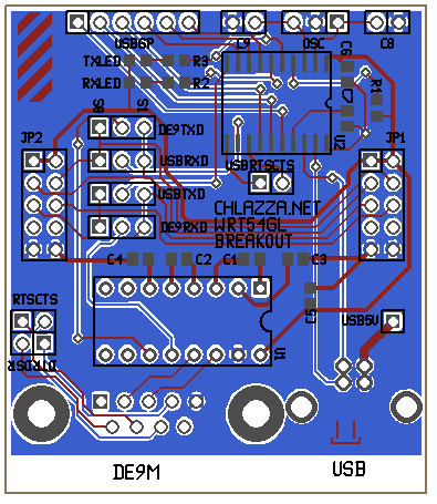 Rendered image of the WRT54GL Serial Port Breakout Board PCB layout (Gerber) files.